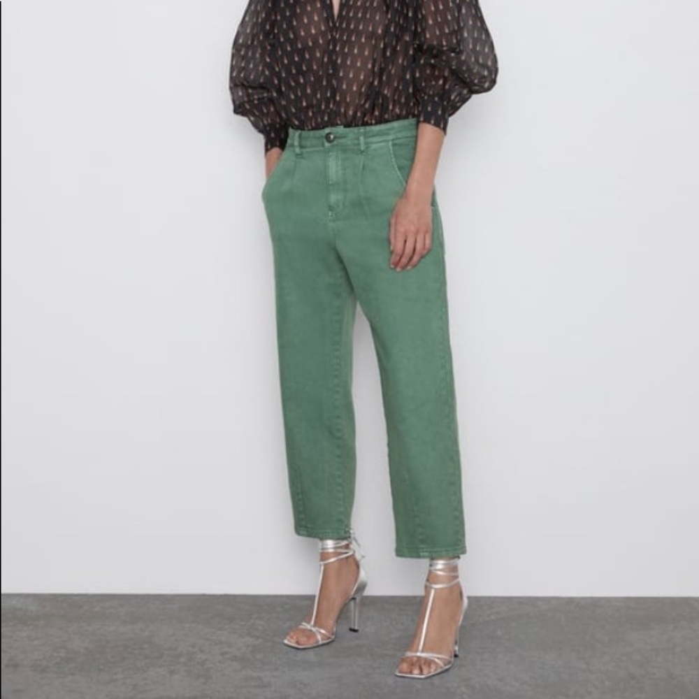 Zara Washed effect pleated pants in mid-green